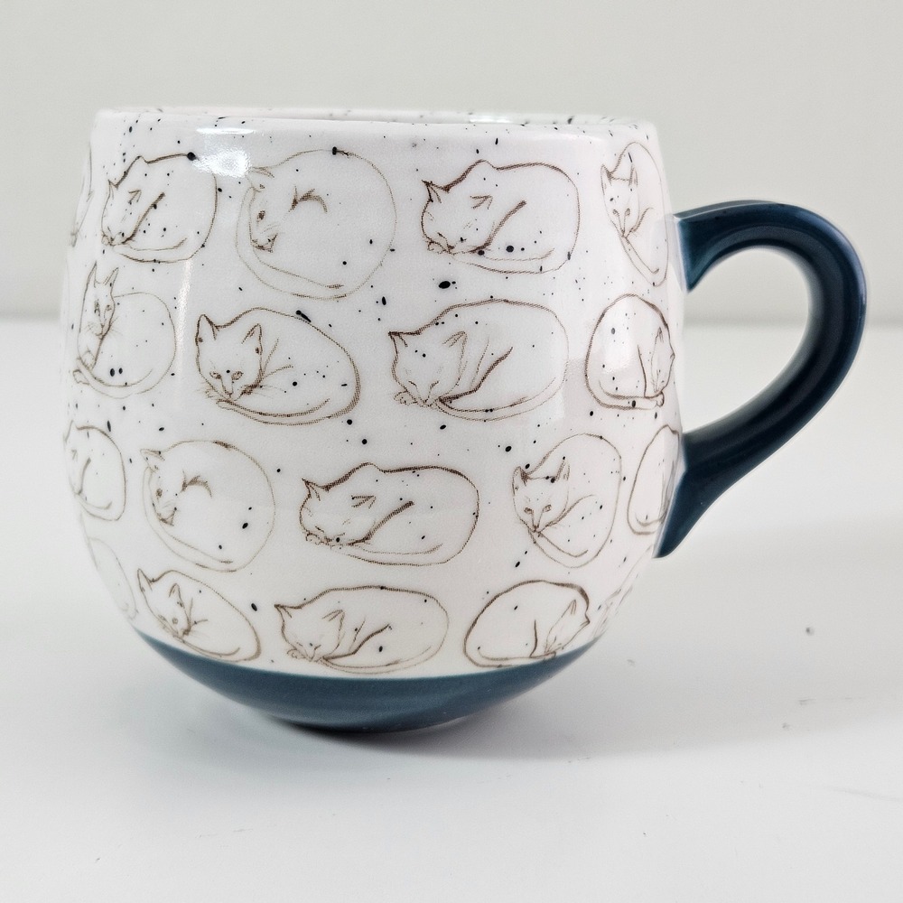 Leah Reena Goren Sleeping Cat Mug White Teal Speckled Ceramic Artist Design